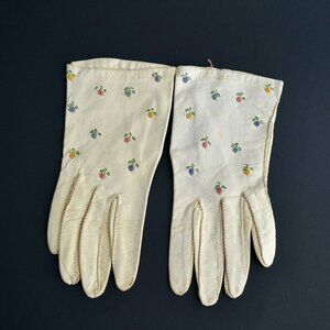 Vintage 1950s? Women's Girls Leather Floral Embroidered Gloves
